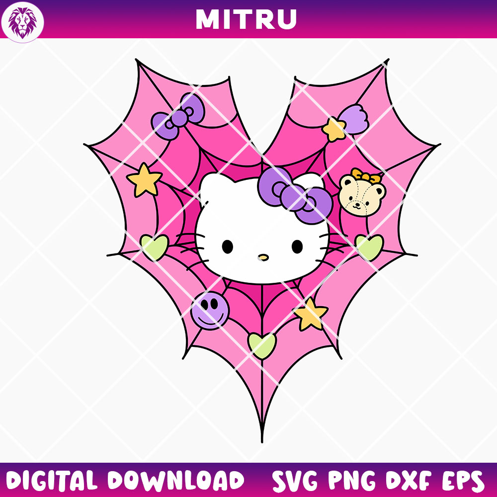 Hello Kitty Spider Web SVG PNG, Cute Kitty White Halloween SVG For Cricut