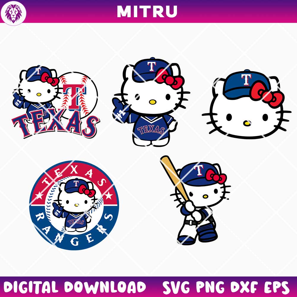 Hello Kitty Texas Rangers SVG PNG Bundle, Cute Rangers Baseball SVG, Texas MLB Team SVG