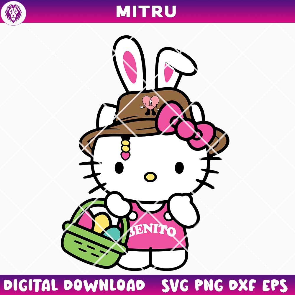 Hello Kitty With Easter Egg Basket SVG PNG, Cute Kitty Bunny SVG Cut Files