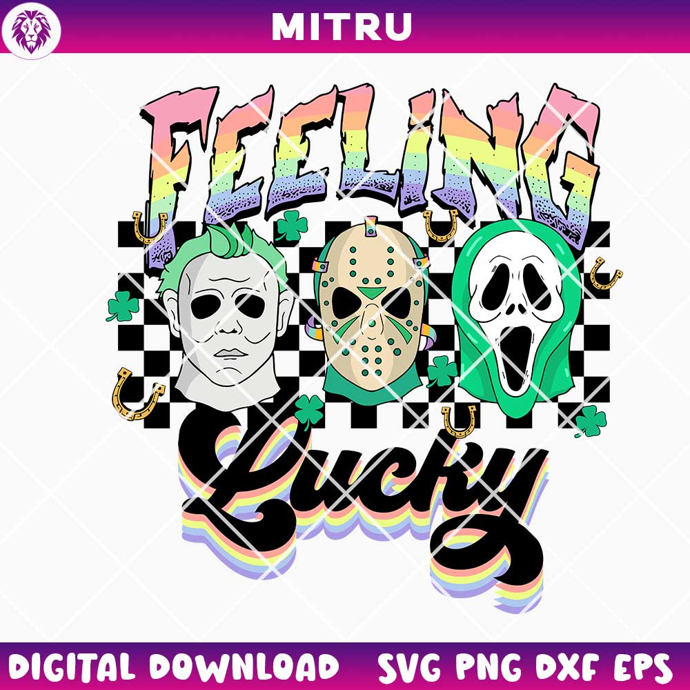 Horror St Patricks Day Feeling Lucky SVG PNG, Michael Jason Ghostface Shamrock SVG Cut Files