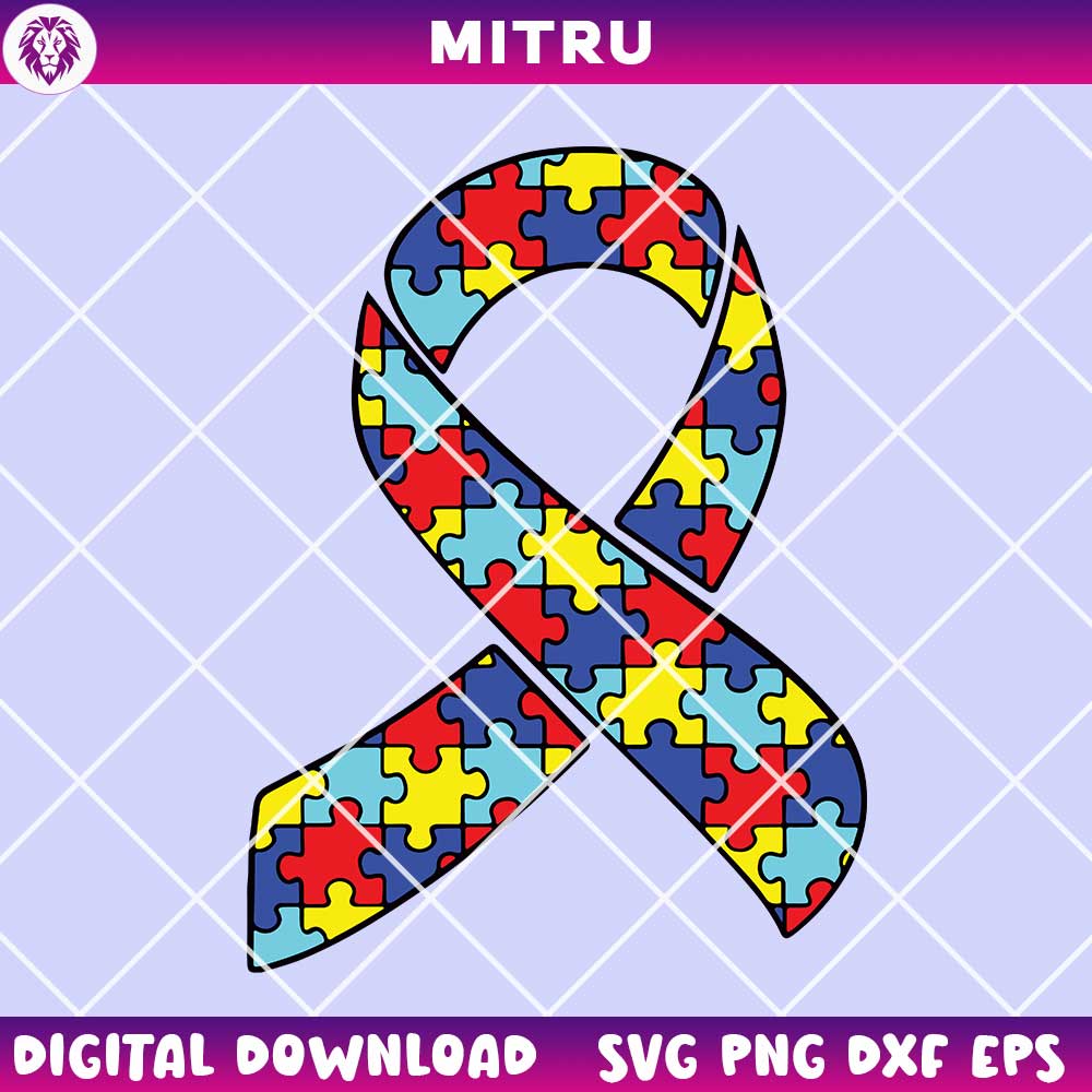 Puzzle Ribbon SVG PNG, Autism Awareness Ribbon SVG