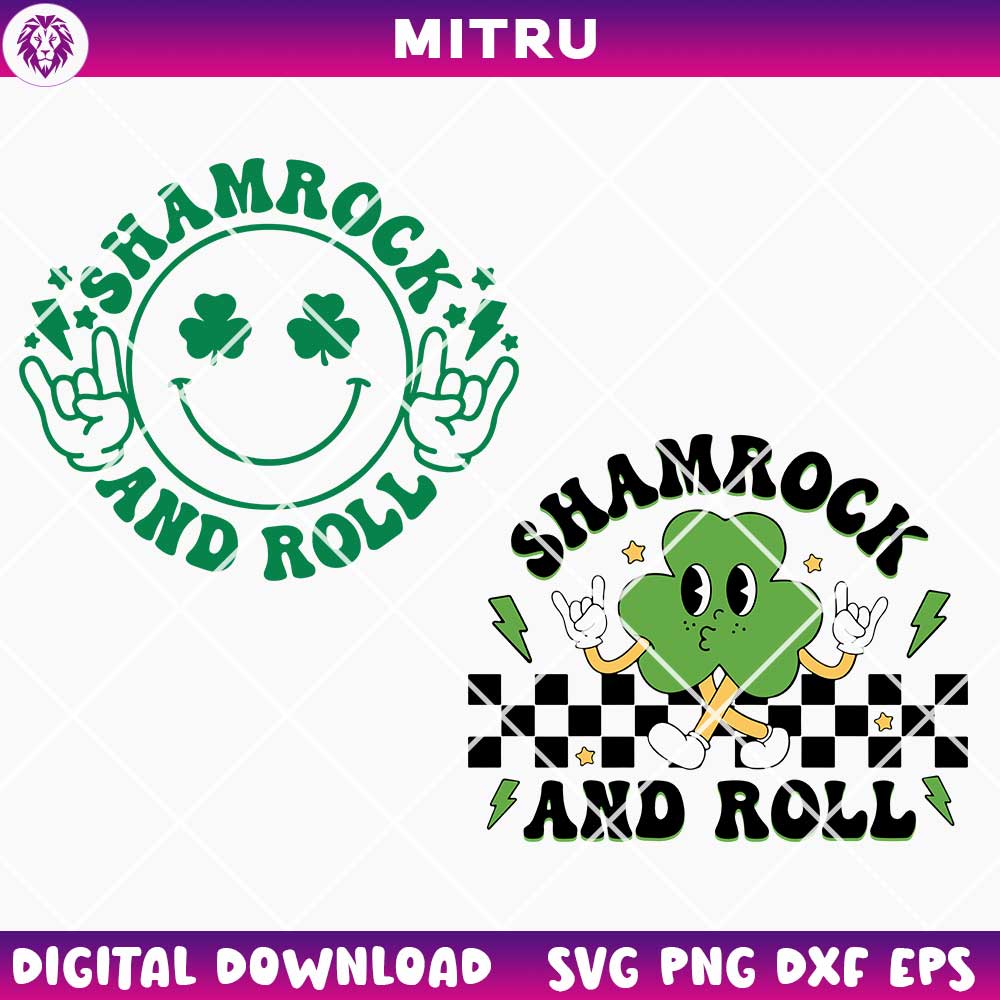 Shamrock And Roll SVG PNG, Retro St Patricks Day SVG, Smiley Face Shamrock SVG