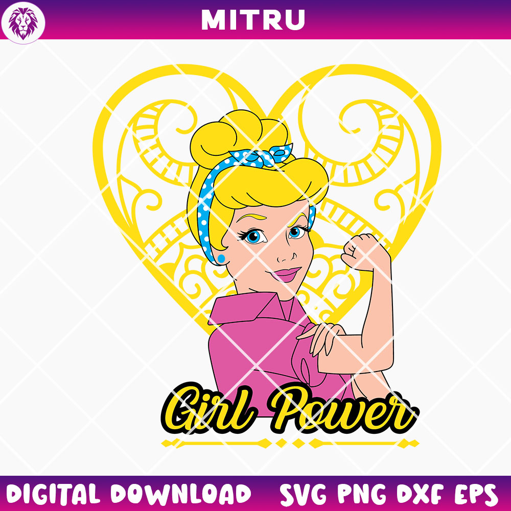 Cinderella Girl Power Heart SVG PNG, Cute Princess Rosie Riveter SVG