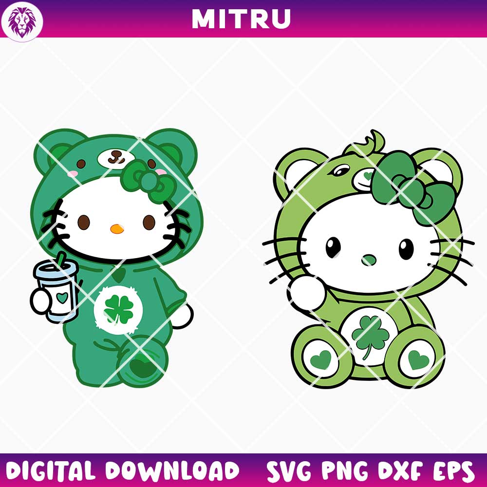 Hello Kitty Luck Bear SVG PNG, Care Bears Green SVG, St Patricks Day Kitty SVG