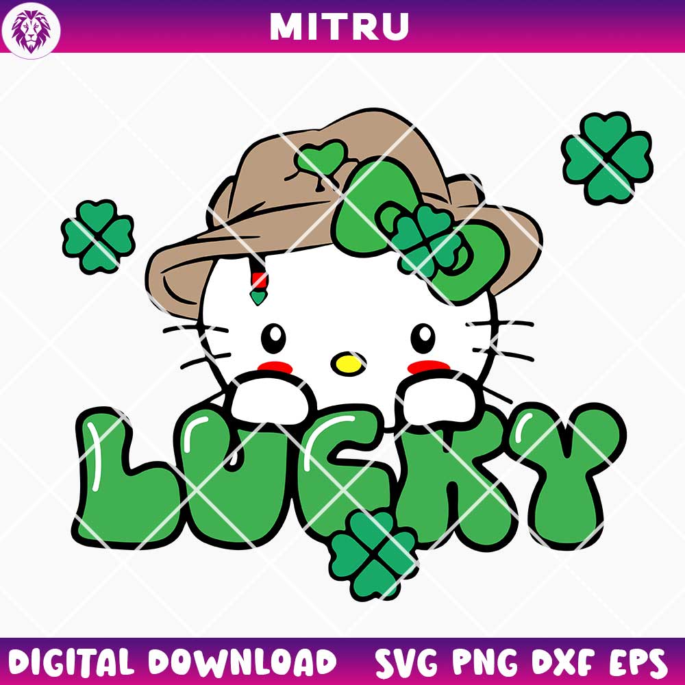 Hello Kitty Lucky Shamrock SVG PNG, Saint Patrick's Day Cartoon Cat SVG