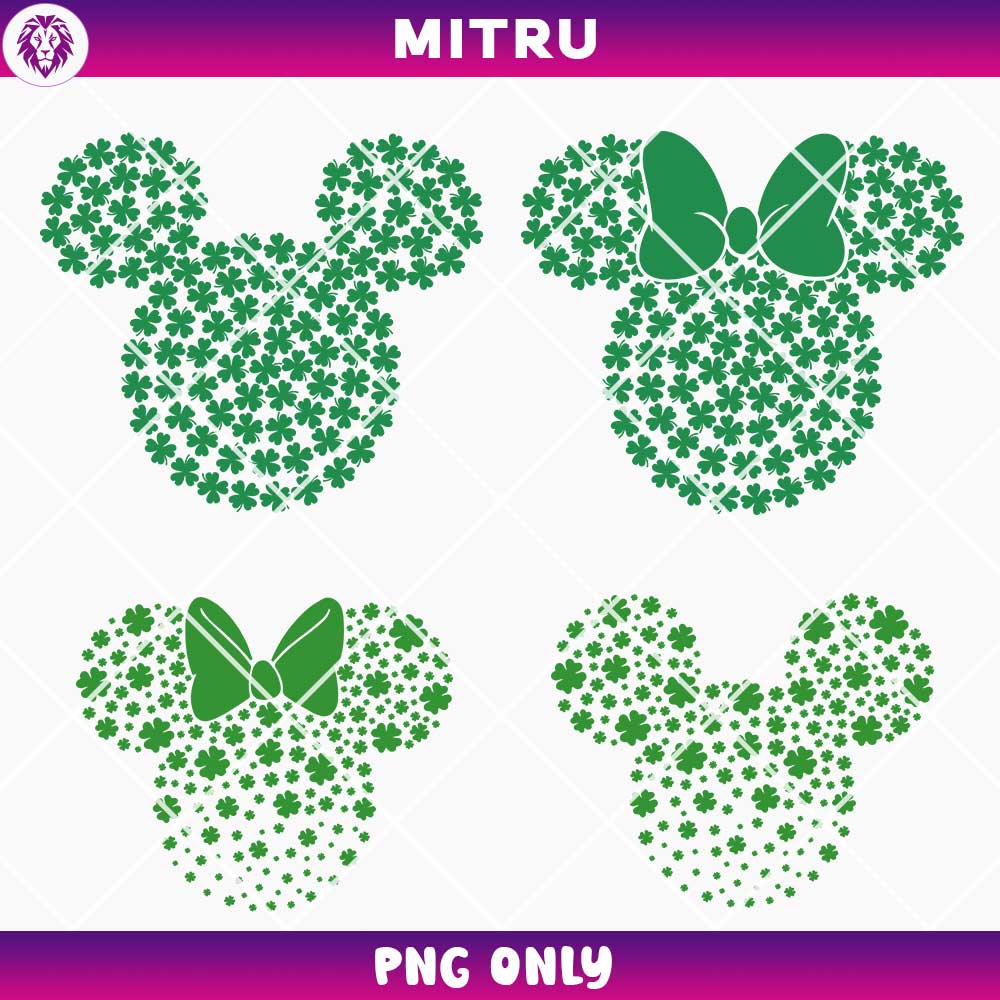 Mickey And Minnie Head Clover Leaf PNG Bundle, Mouse Ears Shamrock PNG, Disney Saint Patrick PNG