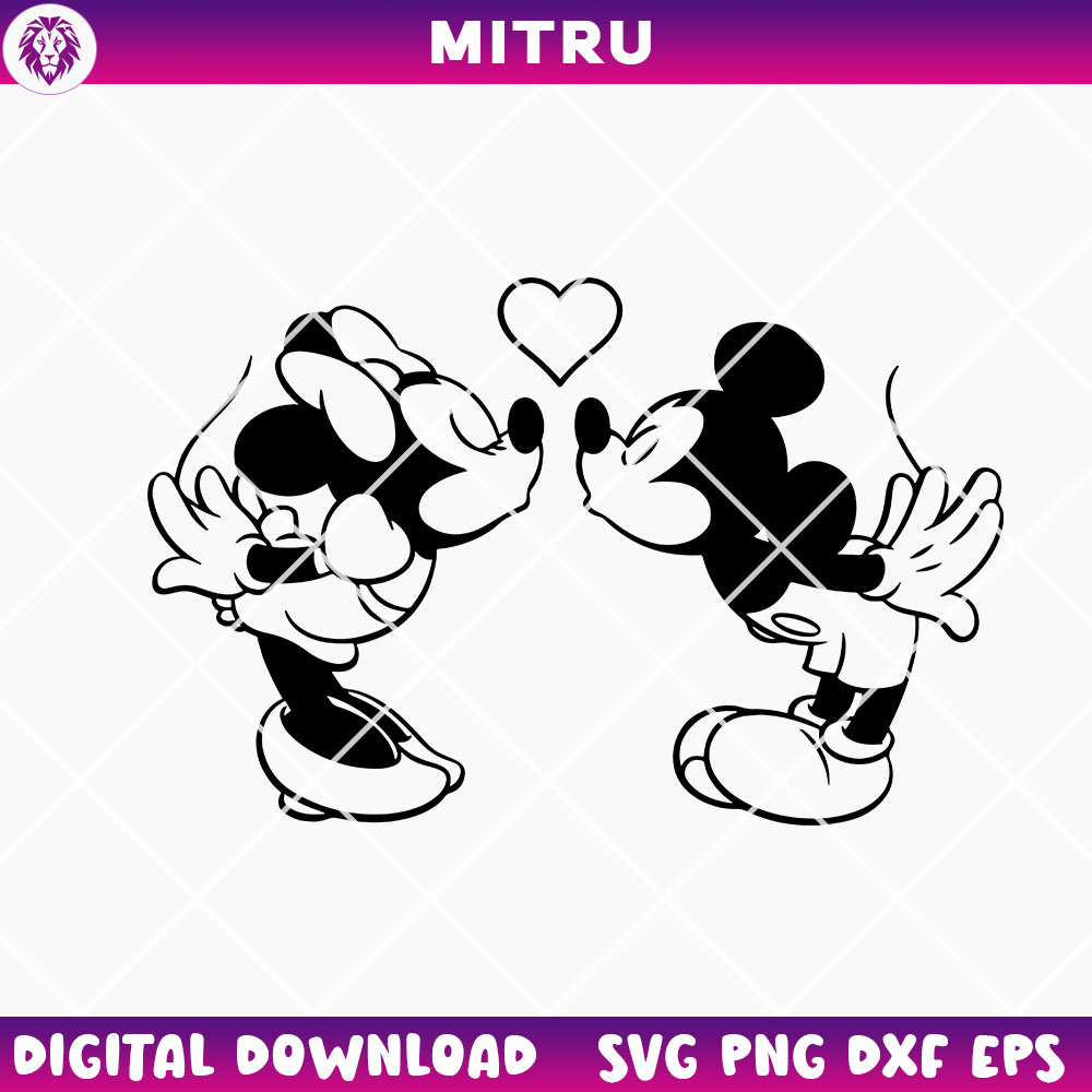 Mickey And Minnie Kissing Outline SVG PNG, Cute Couple SVG, Mickey SVG