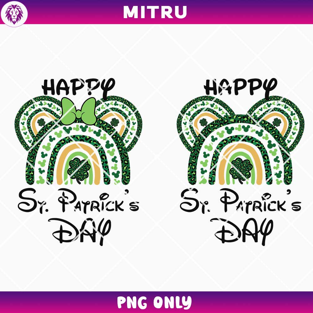 Mickey Minnie Ears Leopard Rainbow Patricks Day PNG, Disney Four Leaf Clover PNG