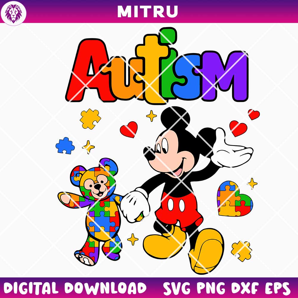 Mickey Mouse With Teddy Bear Autism SVG PNG, Autism Disney Trip SVG